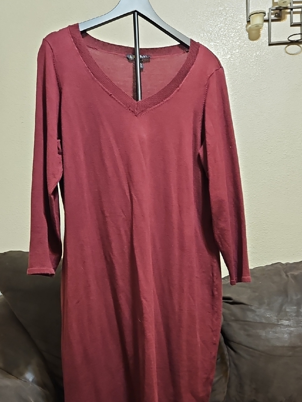 V-Neck Long Sleeve Knit Dress in Deep Burgundy